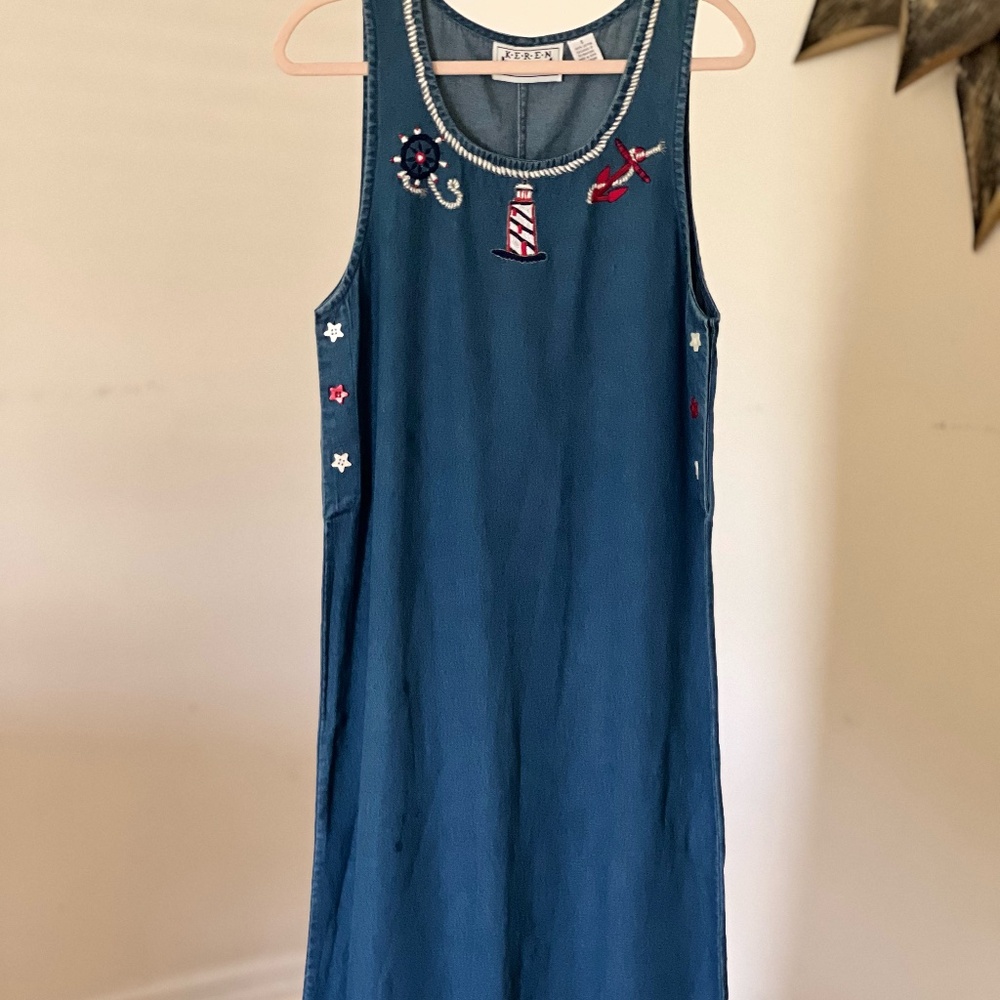 Vintage 90s Keren Hart Denim Jumper Maxi Dress Nautical Embroidered sz S